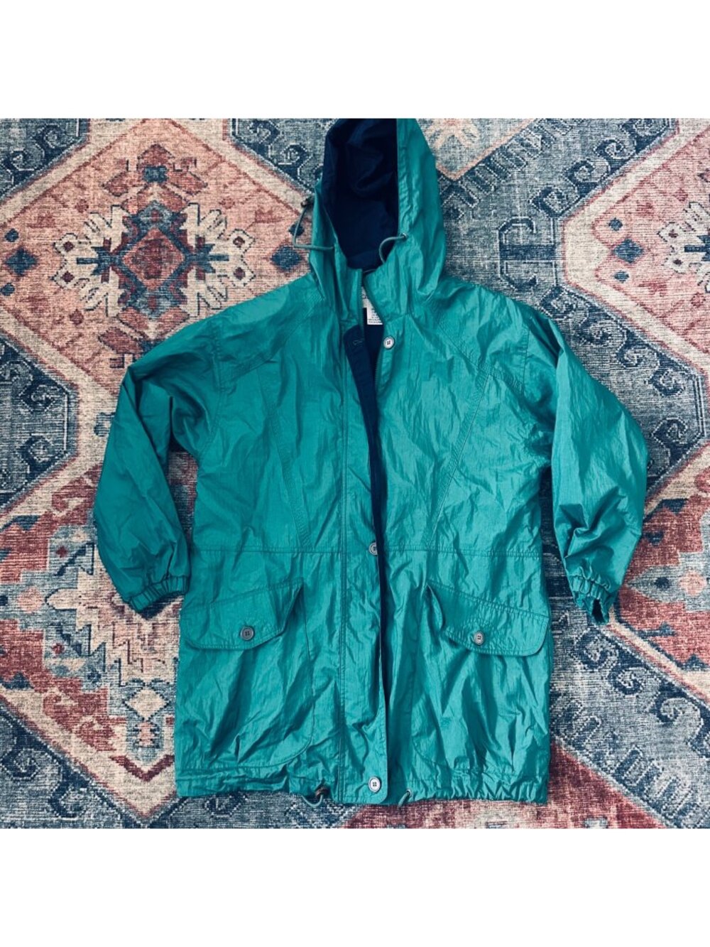 Vintage Nylon Hooded Jacket Womens S Teal Outdoor Utility Hiking Fall Gorpcore